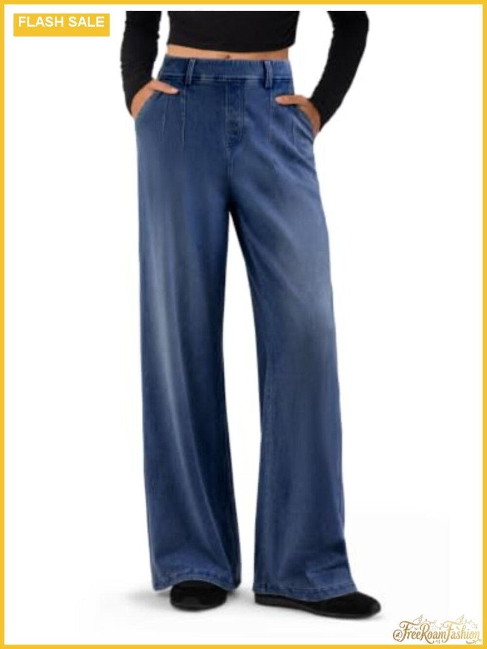 Wide Leg Stretchy Denim Jeans High Waisted Pull On Pants
